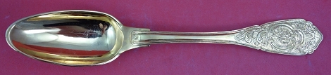 Dinner Spoon vermeil w/ flowers Dresden crossed swords & D mark w/ #12 possibly M = 1841 made in second half of 18th Century, applied 3D face on back of bowl 750 silver hand chased design 8